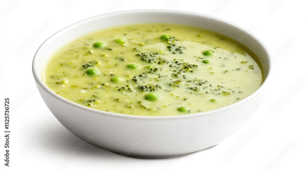 Creamy broccoli and green peas soup in a white bowl on a clean background showcasing vibrant green colors and healthy ingredients. Creamy broccoli and green peas soup in a white bowl on a clean background showcasing vibrant green colors and healthy ingredients.