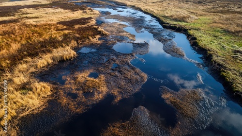 Aerial view of a serene peatland ecosystem featuring black peat fields and reflective water channels in a natural landscape