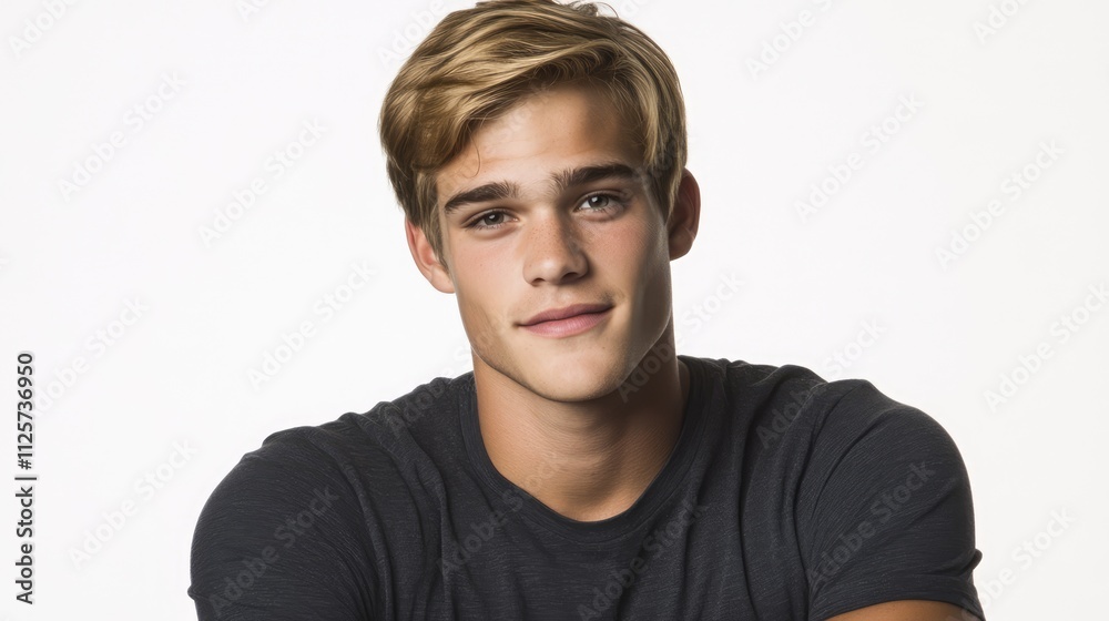 Confident young man with blonde hair, smiling while crossing his arms against a clean white background, portrait, youth, lifestyle, friendly expression, stylish attire. Confident young man with blonde hair, smiling while crossing his arms against a clean white background, portrait, youth, lifestyle, friendly expression, stylish attire.
