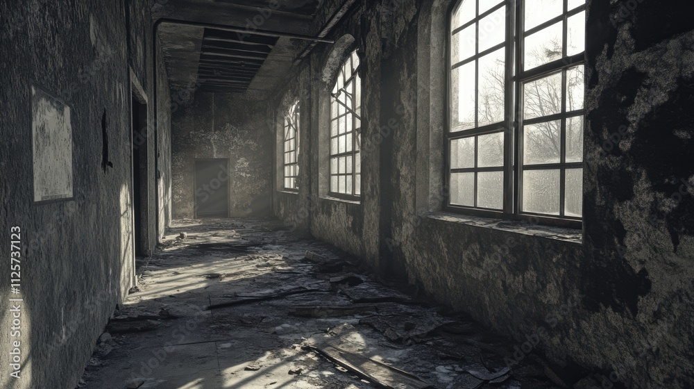 Obraz premium Abandoned interior of a wide-angle view old factory building with crumbling walls, dust-covered floors, and large windows allowing soft light to illuminate the space, decay, urban exploration, histori