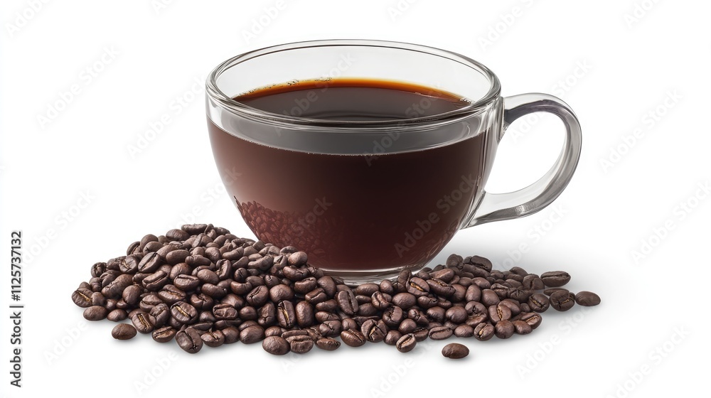 Fototapeta premium Black coffee in a clear cup with roasted coffee beans arranged on a white background showcasing rich flavors and aroma of coffee.