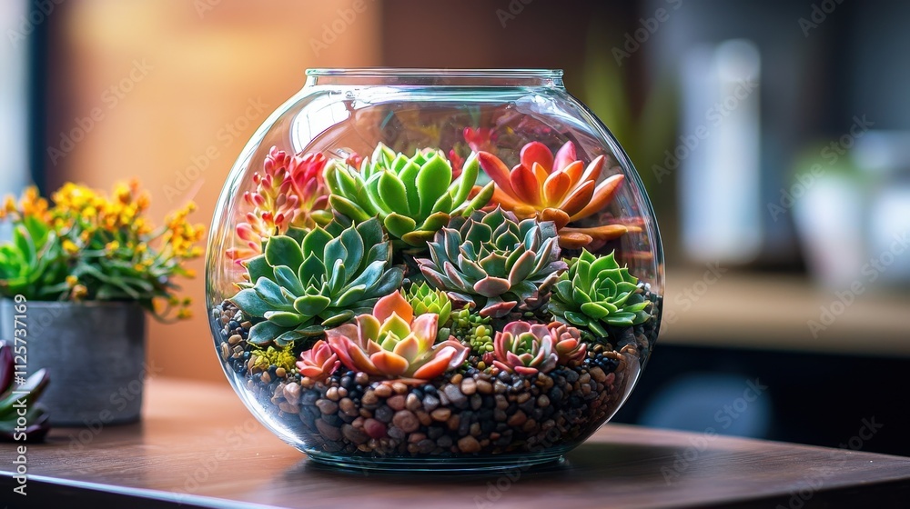 A vibrant arrangement of colorful succulents displayed in a glass terrarium, showcasing a variety of shapes and hues, perfect for indoor decoration.