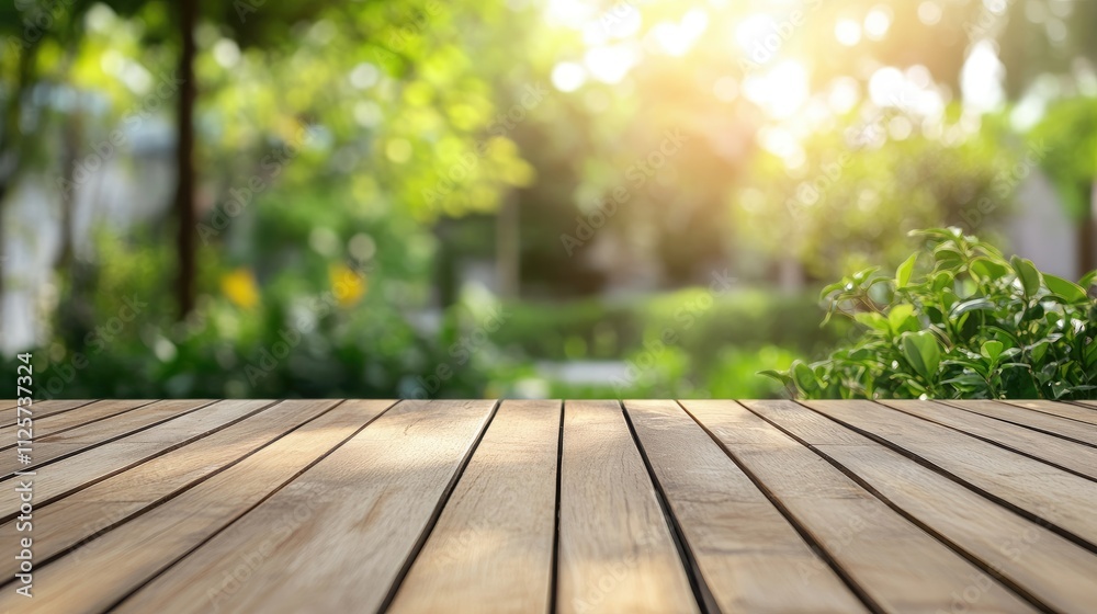 Natural wooden terrace surface with light background and lush greenery suitable for outdoor themes and design projects Natural wooden terrace surface with light background and lush greenery suitable for outdoor themes and design projects