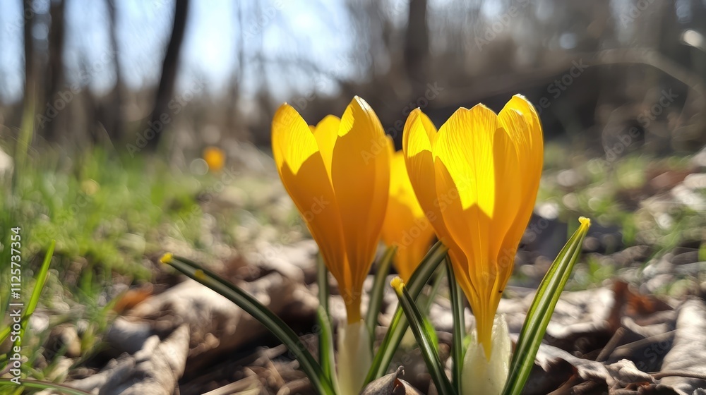 vibrant yellow crocus flowers blooming in early spring sunlight amidst green grass and leaf litter vibrant yellow crocus flowers blooming in early spring sunlight amidst green grass and leaf litter