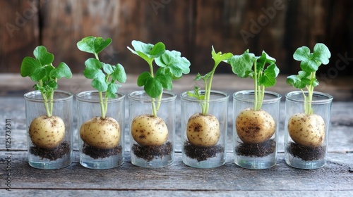 Potatoes growing in cups with soil showcasing root development and sprouting leaves on a rustic wooden background. photo