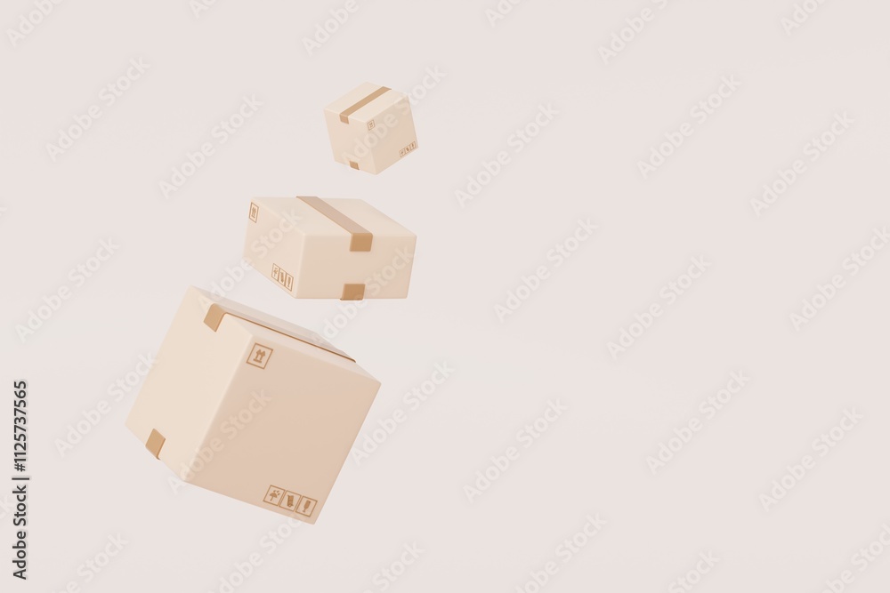 3D Parcel Cardboard box stack on air float flying icon. Logistics and Distribution shipment concept. Fast delivery at home. Order packaging tracking box isolated on transparent background. 3D render.