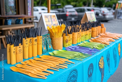 A vibrant photo of a market stall offering eco-friendly products like bamboo utensils, cloth bags, and metal straws photo