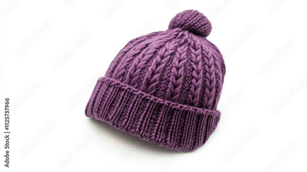 Fototapeta premium Knitted purple women's hat with pom pom detail isolated on clean white background showcasing cozy winter fashion accessory