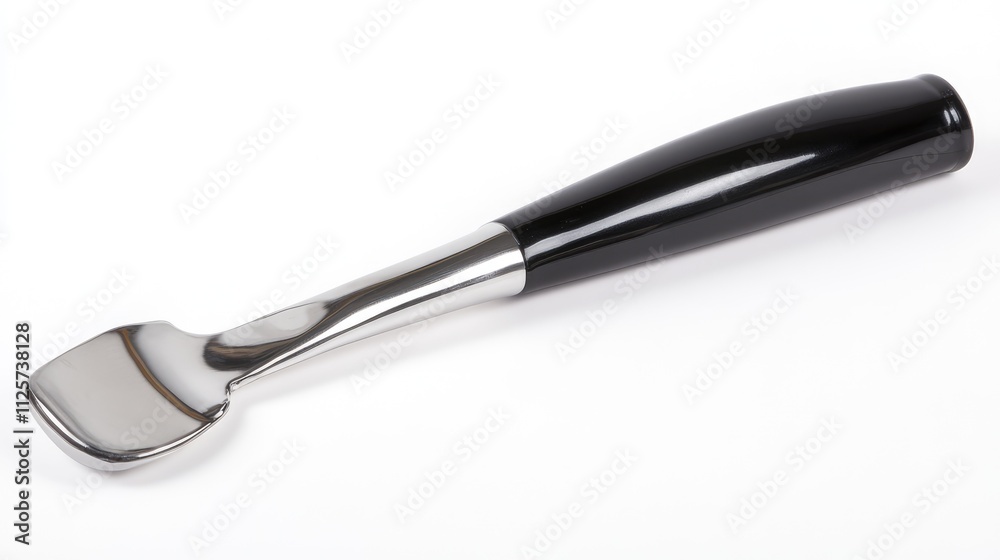 Sleek stainless steel vegetable peeler with a black handle isolated on a clean white background for kitchenware advertising or design purposes Sleek stainless steel vegetable peeler with a black handle isolated on a clean white background for kitchenware advertising or design purposes