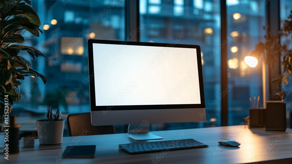 Fototapeta premium Modern Desktop Computer Setup Near Window At Night