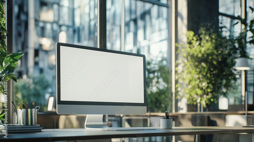 Modern Office Workspace With Blank Computer Screen Modern Office Workspace With Blank Computer Screen