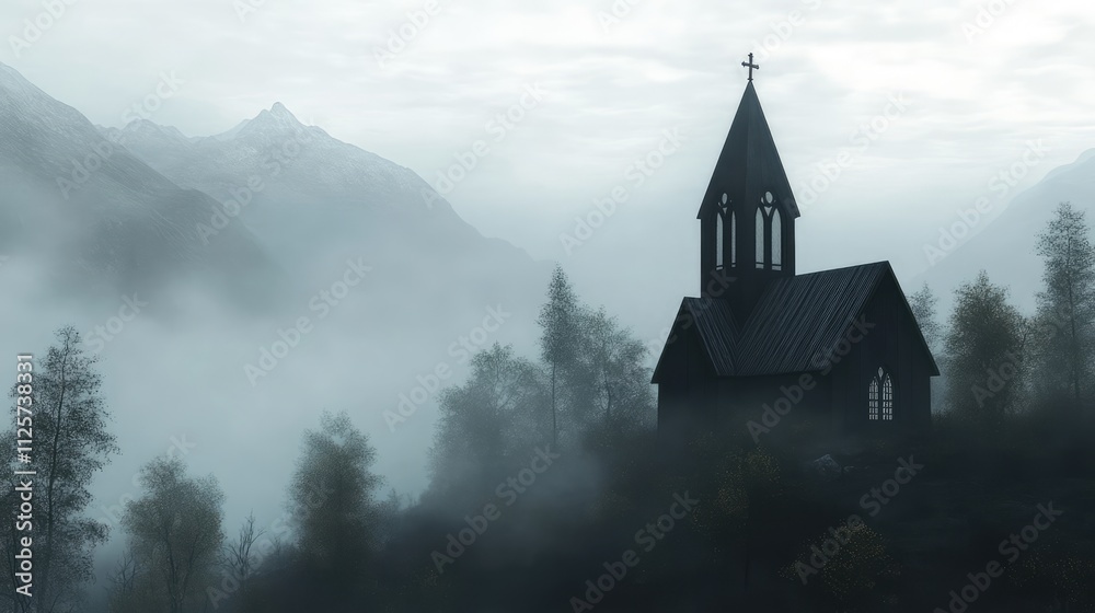 Foggy mountain landscape with a silhouette of a black church surrounded by misty trees and distant snow-capped peaks. Foggy mountain landscape with a silhouette of a black church surrounded by misty trees and distant snow-capped peaks.