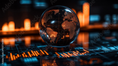 crystal-clear globe rests on a financial chart, symbolizing global markets, economic connections, sustainability, and the interdependence of finance and environmental stewardship photo