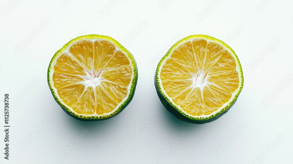 Ripe green tangerine whole and sliced in half showcasing vibrant citrus interior on a light background Ripe green tangerine whole and sliced in half showcasing vibrant citrus interior on a light background