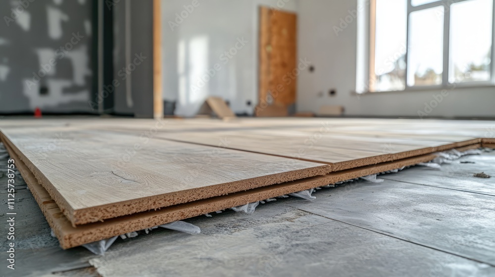 Wooden floor boards arranged for installation in an apartment undergoing renovation, featuring partially completed walls and an open layout, home improvement, construction, interior design. Wooden floor boards arranged for installation in an apartment undergoing renovation, featuring partially completed walls and an open layout, home improvement, construction, interior design.