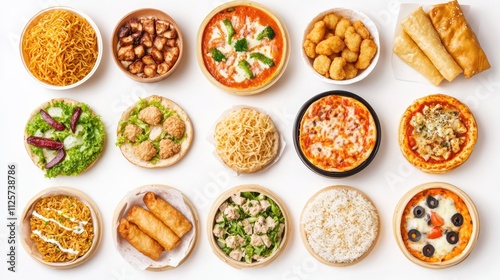 Diverse fast food assortment top view featuring pasta sushi pizza fried chicken and salads on a white background