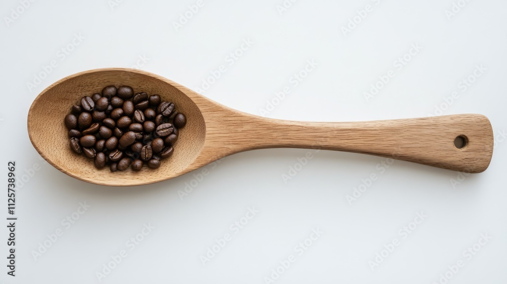 Wooden spoon filled with roasted coffee beans on a light background, emphasizing the natural texture of the wood, culinary, coffee culture, kitchen accessories. Wooden spoon filled with roasted coffee beans on a light background, emphasizing the natural texture of the wood, culinary, coffee culture, kitchen accessories.