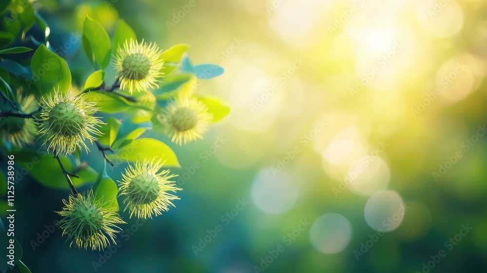 Unripe green rambutan fruit on tree branch with blurred natural background and soft sunlight creating a serene atmosphere Unripe green rambutan fruit on tree branch with blurred natural background and soft sunlight creating a serene atmosphere