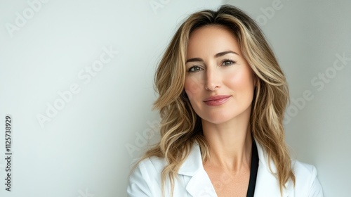 Professional female doctor with light brown hair in a white coat against a neutral background showcasing confidence and expertise in healthcare.