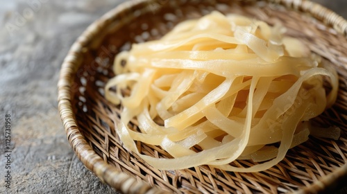 Tsukemono beni shoga traditional Japanese pickled ginger served in restaurants on a woven basket with a textured background photo