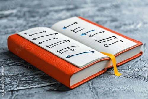 A whimsical drawing of a notebook with animated corrections and arrows pointing to rewritten sections, all on a white background photo