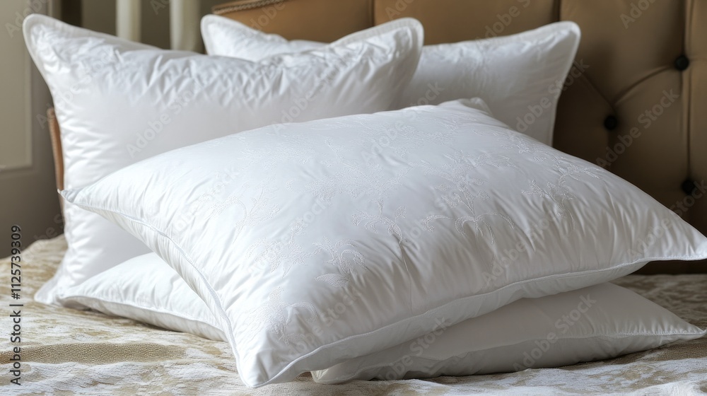Obraz premium Elegant white pillows arranged on a cozy bed showcasing comfort and relaxation in a stylish bedroom setting.