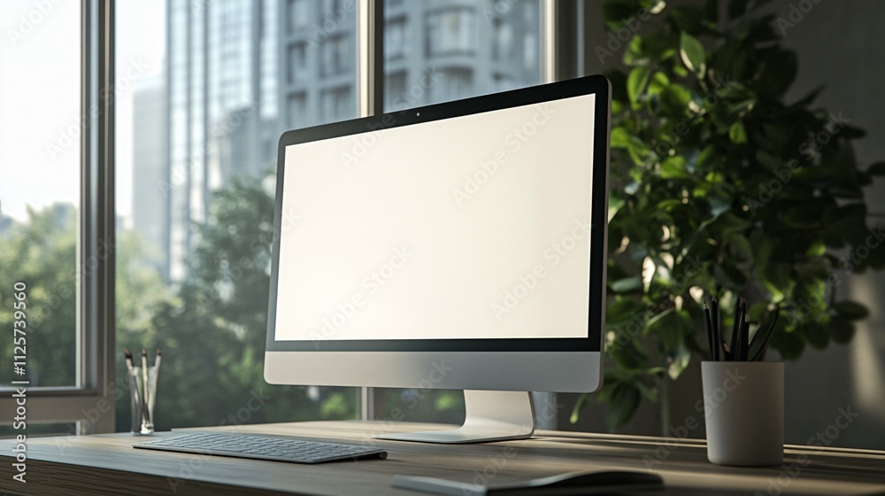 Fototapeta premium Modern Desktop Computer Near Window With Blank Screen