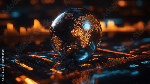 crystal-clear globe rests on a financial chart, symbolizing global markets, economic connections, sustainability, and the interdependence of finance and environmental stewardship photo