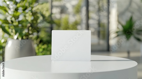 Blank white sign on a round table in a hotel lobby with greenery in the background ideal for advertising or informational purposes photo