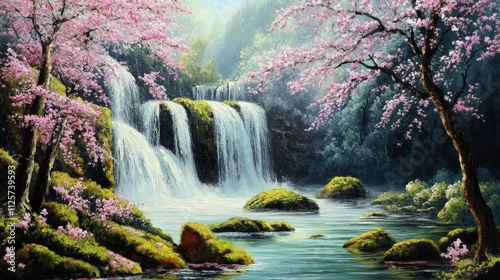Serene Waterfall in Spring Blossom Paradise: A breathtaking painting of a cascading waterfall nestled amidst vibrant cherry blossoms, creating a tranquil and idyllic scene.