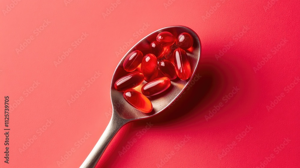 Red soft gel vitamin capsules in a spoon on vibrant red background showcasing health and wellness supplements for nutrition and vitality. Red soft gel vitamin capsules in a spoon on vibrant red background showcasing health and wellness supplements for nutrition and vitality.