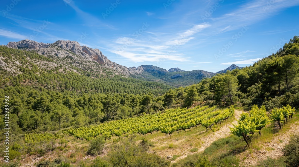 Vineyard landscape in a scenic mountainous region with lush greenery and blue sky under sunlight Vineyard landscape in a scenic mountainous region with lush greenery and blue sky under sunlight