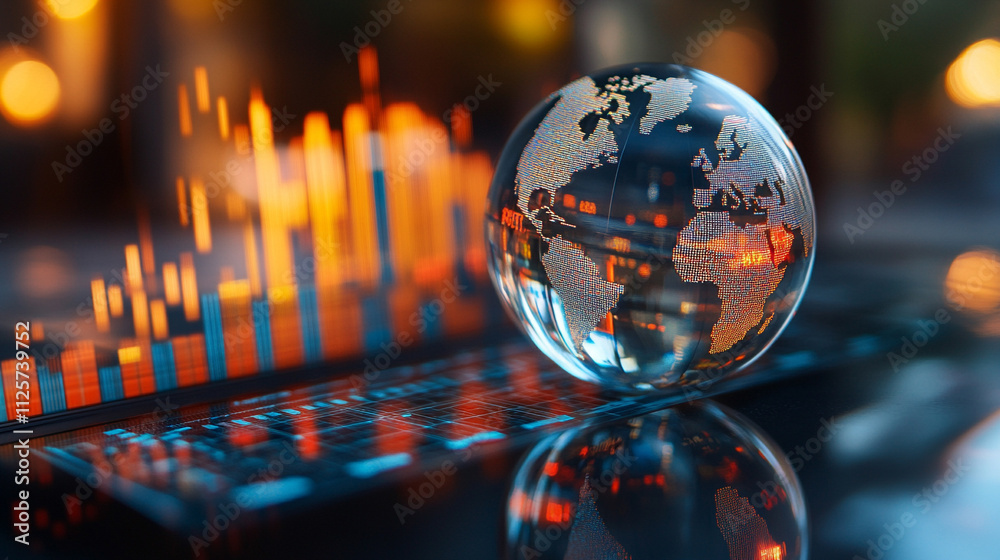 crystal-clear globe rests on a financial chart, symbolizing global markets, economic connections, sustainability, and the interdependence of finance and environmental stewardship