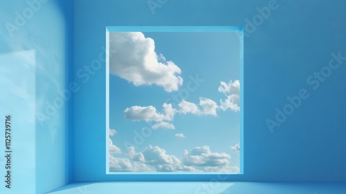 A minimalist room with a window revealing a bright blue sky with white clouds.