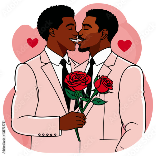 Romantic flat style illustration of an Afro-American couple in pink suits, smiling and touching noses. One holds two red roses, expressing love and affection in a romantic moment. 