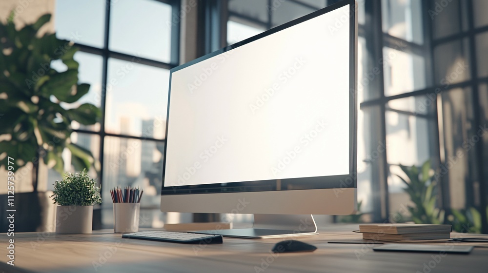 Modern Workspace Featuring Blank Computer Screen Modern Workspace Featuring Blank Computer Screen