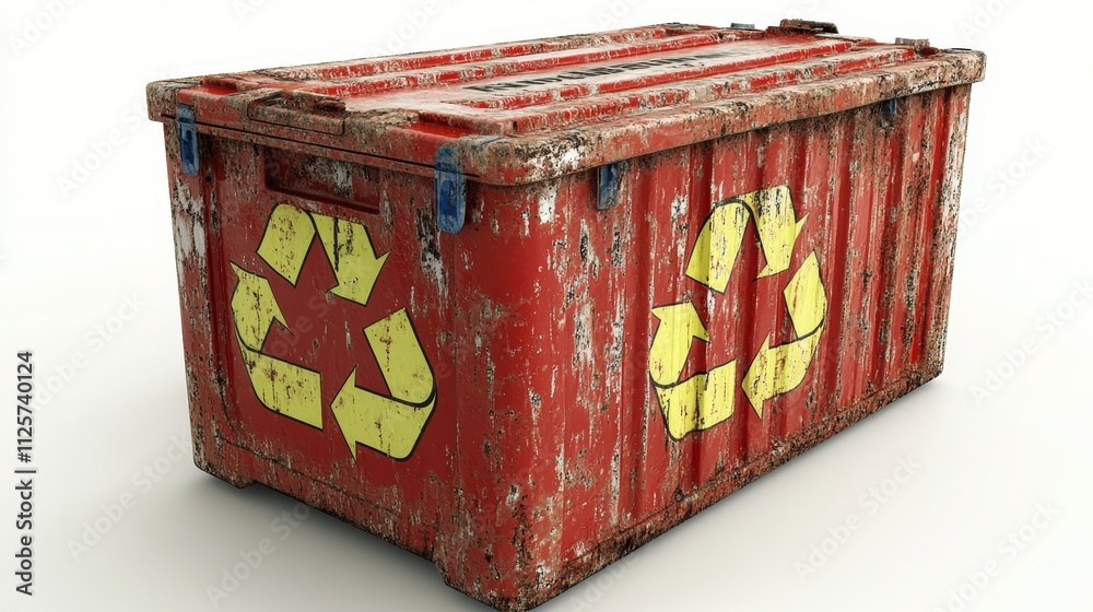 Weathered Red Recycling Bin with Distressed Recycle Symbols Weathered Red Recycling Bin with Distressed Recycle Symbols
