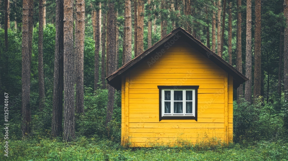 Bright yellow wooden country house with a single window nestled in a lush green forest, illuminated by sunlight on a summer day, nature, architecture, rustic, secluded retreat.