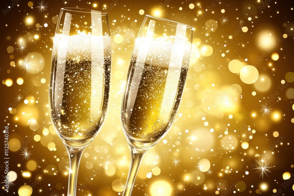 Golden Celebration Two Champagne Flutes Toasting