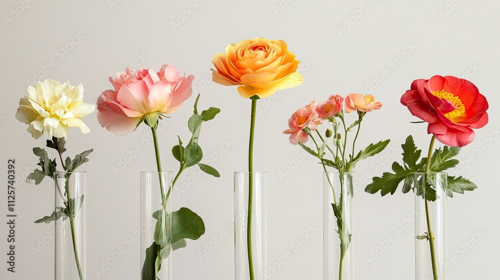 Obraz premium Five vibrant flowers in glass tubes against a neutral background.