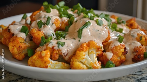 Vegan buffalo cauliflower drizzled with creamy ranch dressing and topped with green onions on a white plate