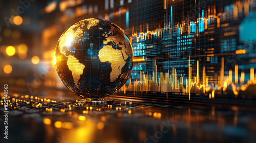 crystal-clear globe rests on a financial chart, symbolizing global markets, economic connections, sustainability, and the interdependence of finance and environmental stewardship photo