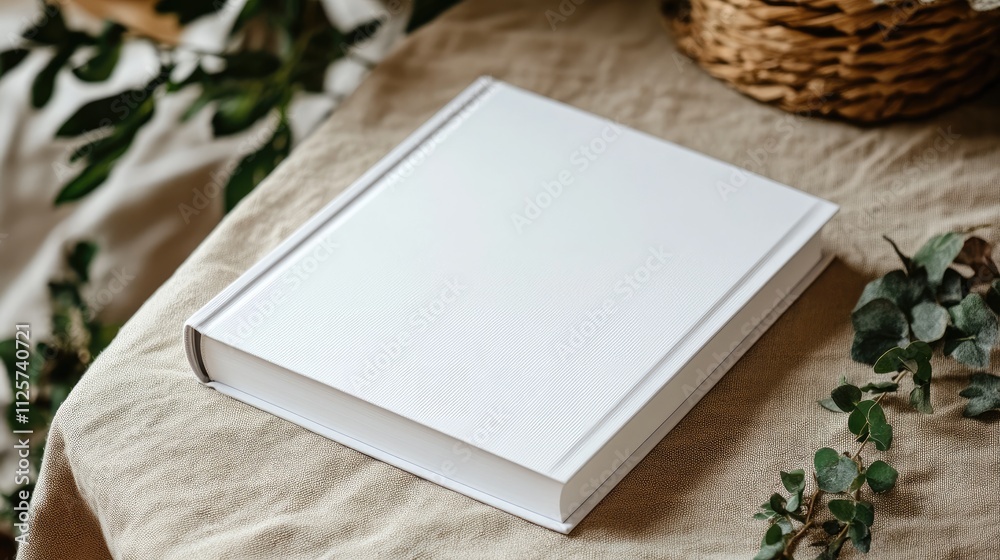 Fototapeta premium Elegant blank book mockup resting on a soft beige table surrounded by natural greenery and woven textures for creative presentations.
