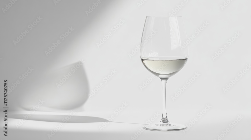 Elegant wine glass with white wine isolated on a minimalist white background showcasing reflections and shadows for sophisticated design. Elegant wine glass with white wine isolated on a minimalist white background showcasing reflections and shadows for sophisticated design.