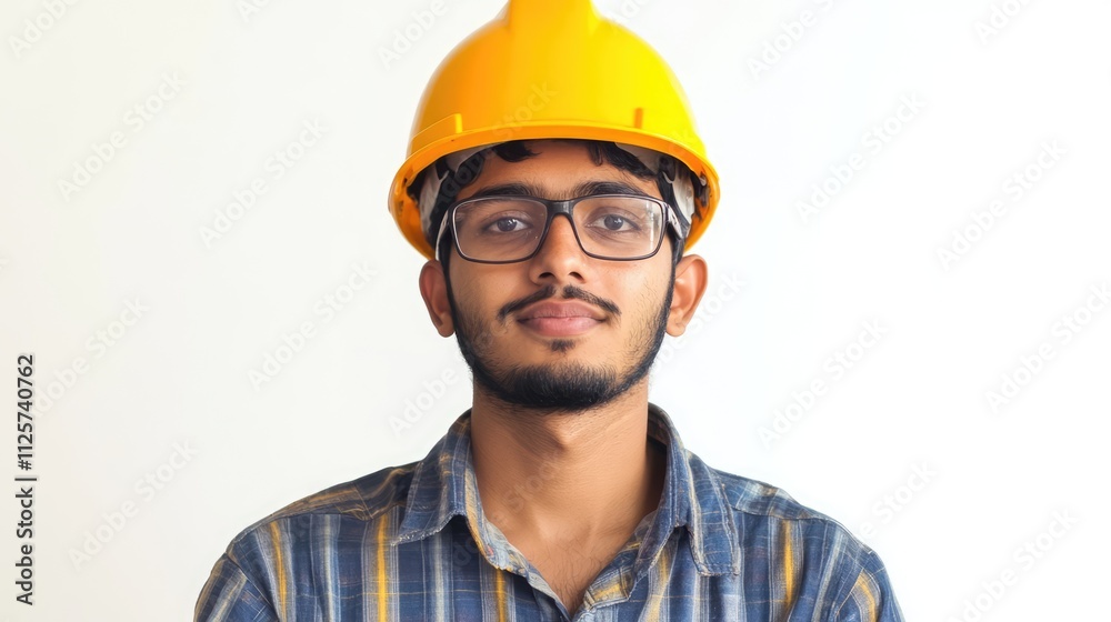 Young Indian male engineer wearing a yellow hard hat, posing confidently against a bright white background, professional attire, construction industry, safety gear, portrait. Young Indian male engineer wearing a yellow hard hat, posing confidently against a bright white background, professional attire, construction industry, safety gear, portrait.