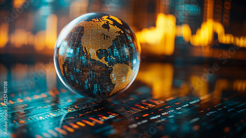 crystal-clear globe rests on a financial chart, symbolizing global markets, economic connections, sustainability, and the interdependence of finance and environmental stewardship photo