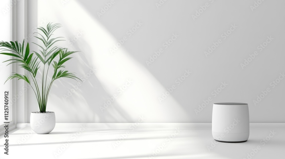 Modern smart speaker on a white background with indoor plant, showcasing minimalistic interior design and technology integration. Modern smart speaker on a white background with indoor plant, showcasing minimalistic interior design and technology integration.