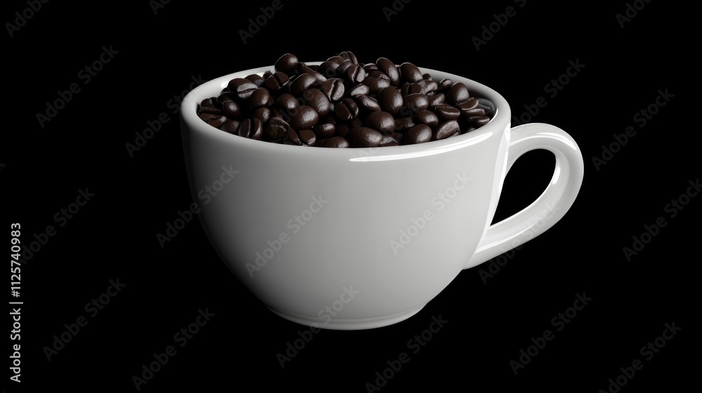 White ceramic cup filled with roasted coffee beans, spotlighted against a black background, emphasizing texture and color contrast, food photography, beverage, culinary. White ceramic cup filled with roasted coffee beans, spotlighted against a black background, emphasizing texture and color contrast, food photography, beverage, culinary.