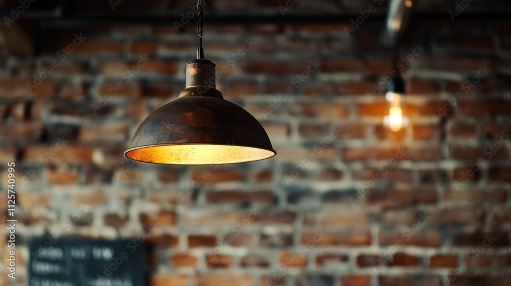 Obraz premium Vintage industrial lamp illuminating textured brick wall in a softly lit interior space creating a warm and inviting atmosphere