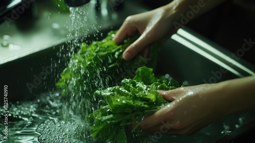 Woman rinsing fresh green salad leaves in kitchen sink under running water preparing ingredients for a healthy meal photo